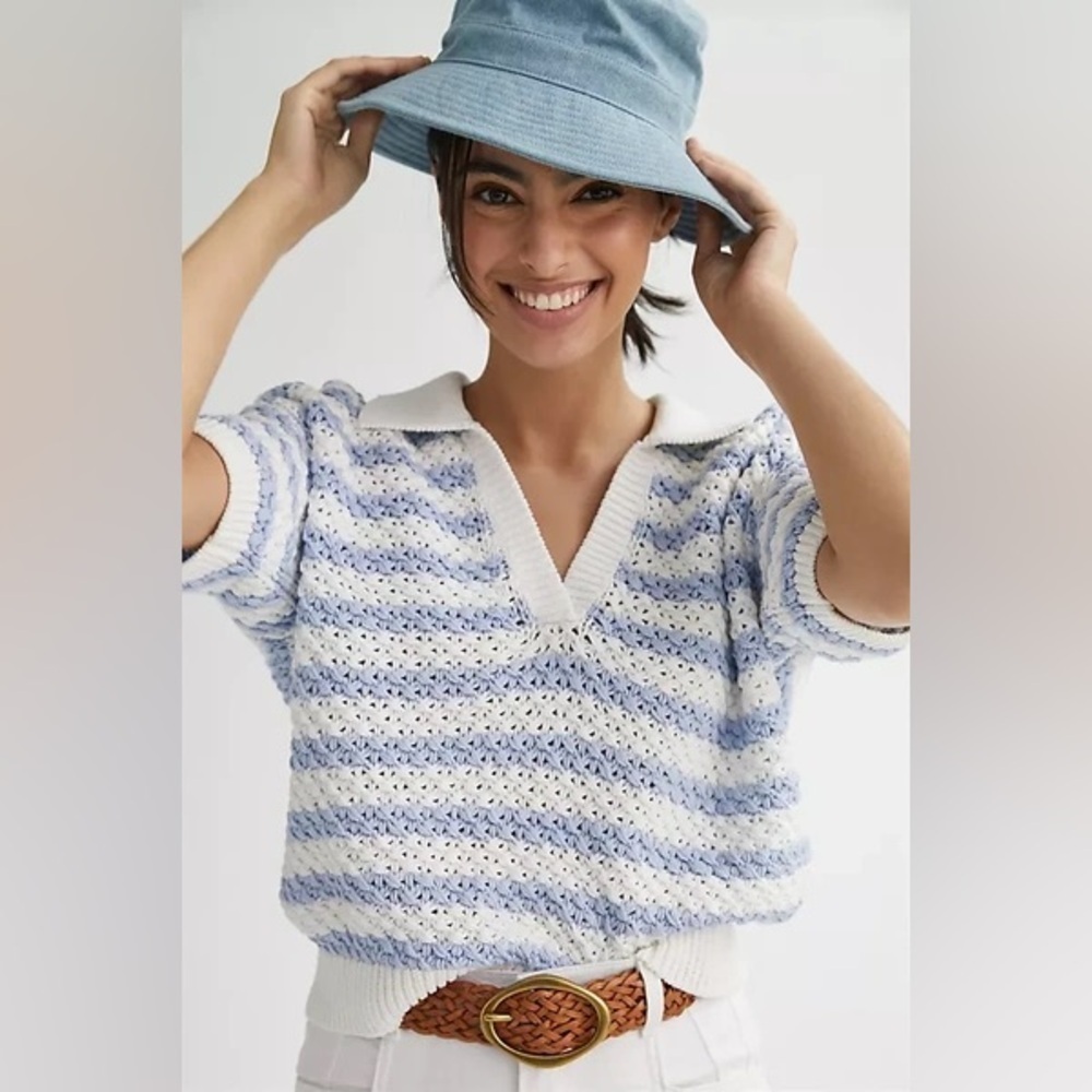 Maeve Grace Open Back Polo Sweater XS NWT Blue White Coastal Knit